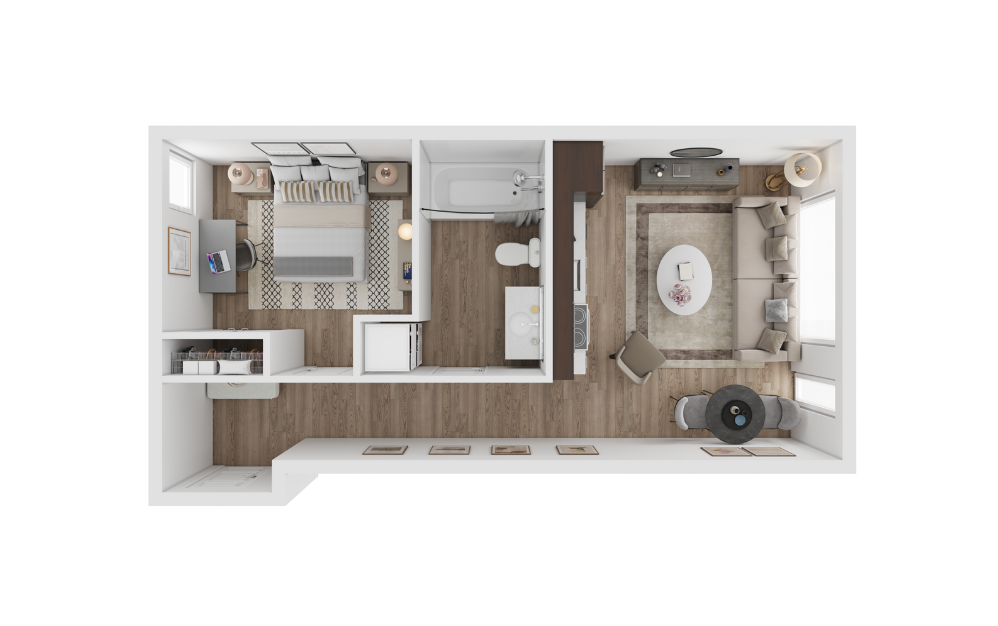 1x1 D - 1 bedroom floorplan layout with 1 bathroom and 565 square feet