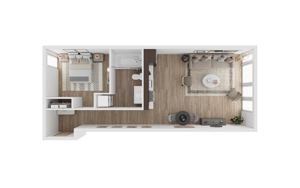 1x1 E - 1 bedroom floorplan layout with 1 bathroom and 695 square feet