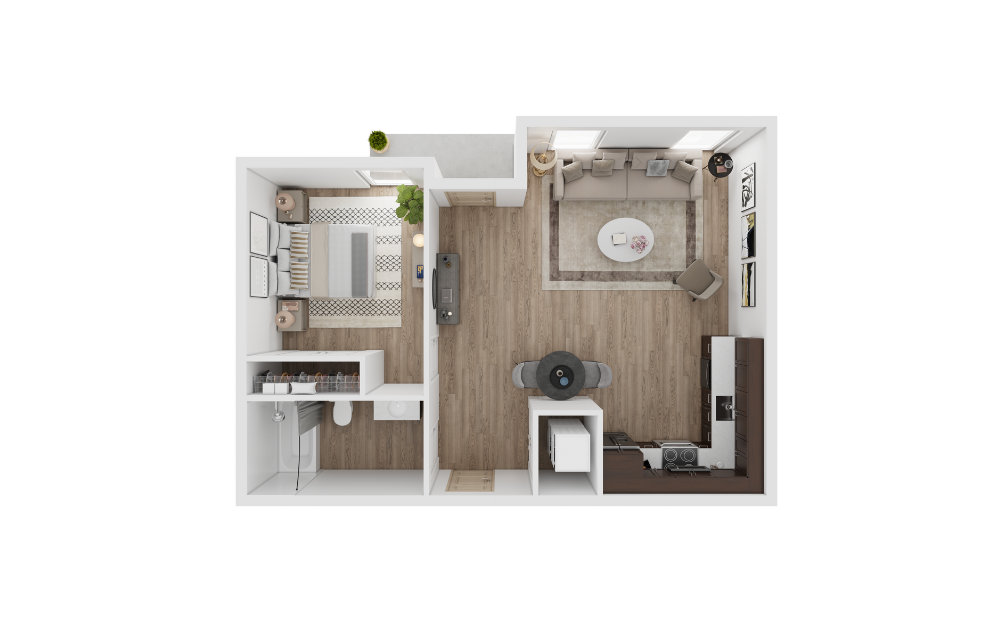 1x1 F - 1 bedroom floorplan layout with 1 bathroom and 685 square feet