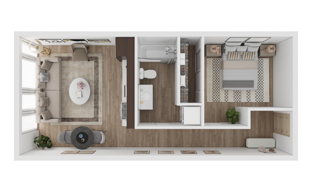 1X1 H - 1 bedroom floorplan layout with 1 bathroom and 590 square feet