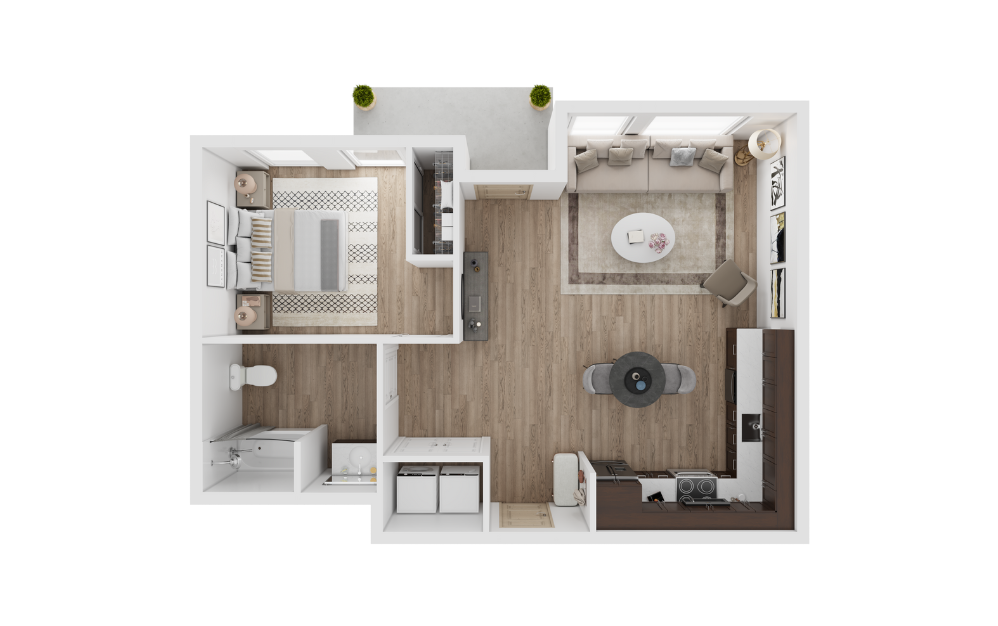 1x1 J - 1 bedroom floorplan layout with 1 bathroom and 685 square feet