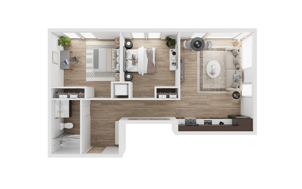 2x1 A - 2 bedroom floorplan layout with 1 bathroom and 840 square feet